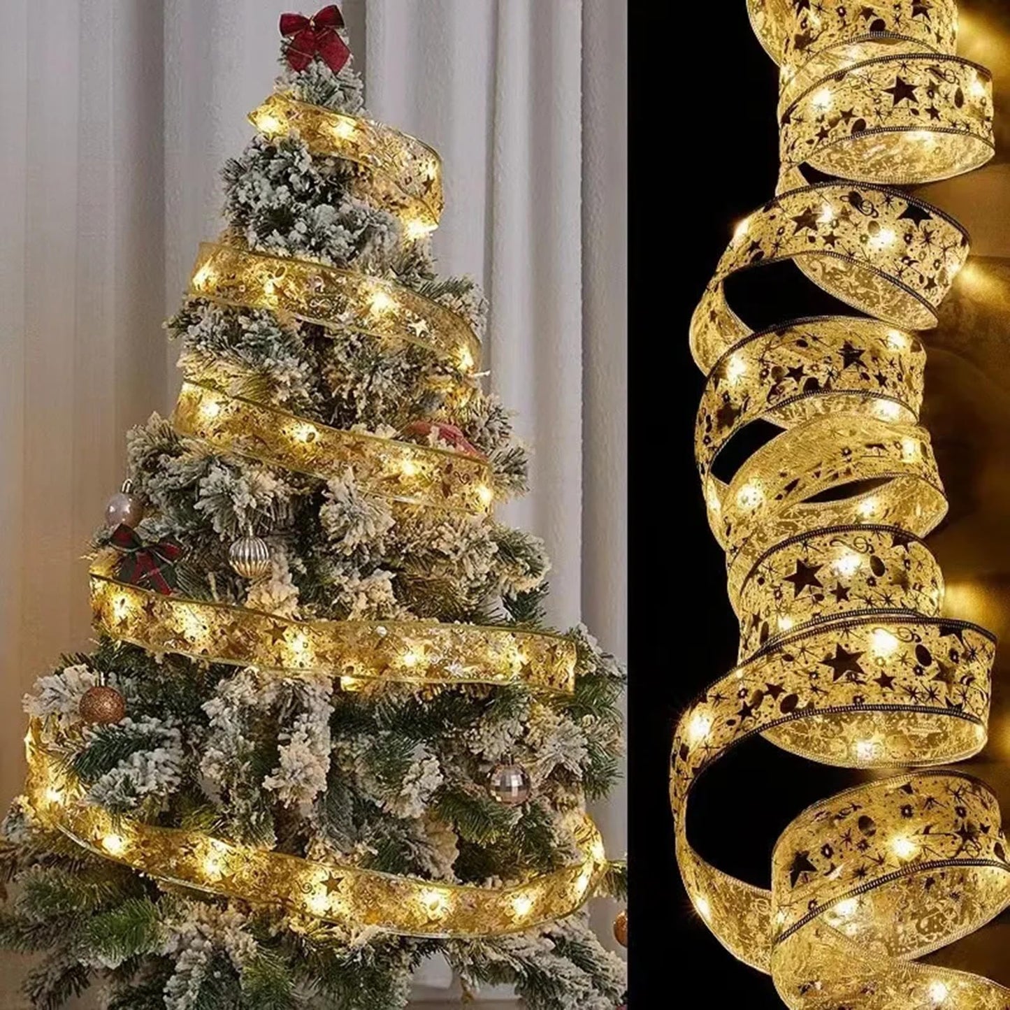 Zjhgdr Christmas Ribbon Fairy Lights Copper Wire White String Lights Glitter Gold Ribbon Lights 2.5Inch X16.4Ft 50 Leds Battery Operated Fairy String Lights For Xmas Tree Indoor Decorations