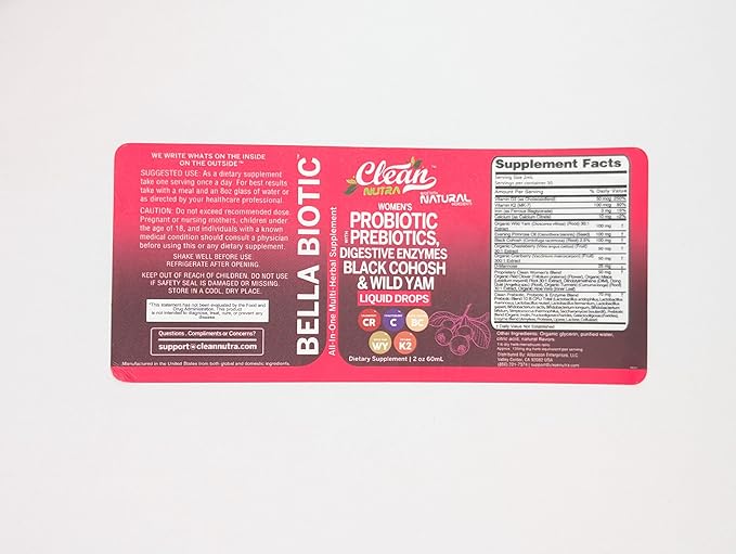 Liquid Probiotics for Women Drops with Chasteberry, Black Cohosh, Prebiotics, Digestive Enzymes, Evening Primrose Oil, Wild Yam, Cranberry Dmannose and Iron Vitamin D3 K2 Clean Nutra Bella Biotics