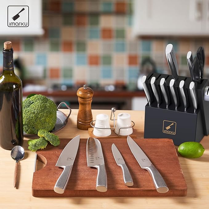 imarku Knife Block Set, 14Pcs High Carbon Stainless Steel Knife Set with Block, Kitchen Knife Set Black, Dishwasher Safe, Build-in Sharpener