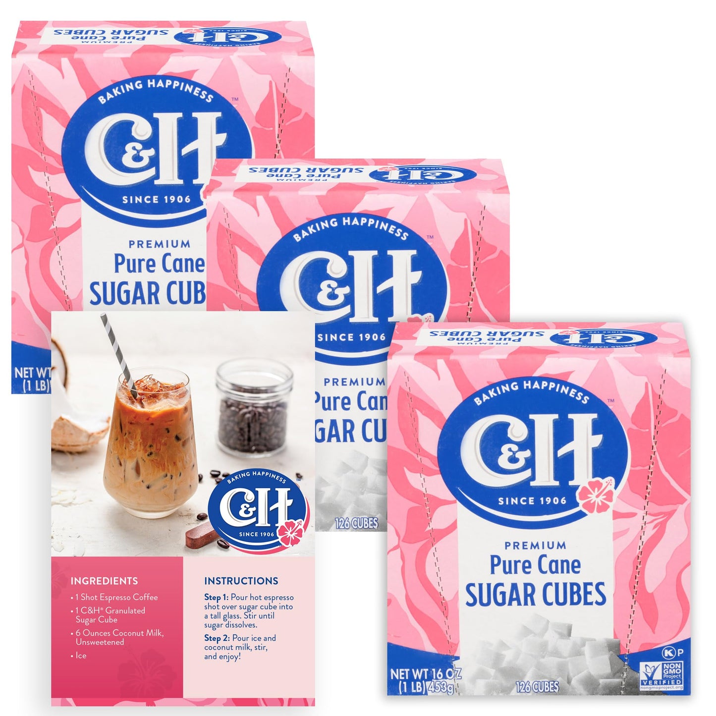 C&H enhanced Pure Cane Sugar Cubes 1 lb Boxes (Pack of 3) - Perfect for Coffee Tea Portion Control - Includes Bonus Recipe Card