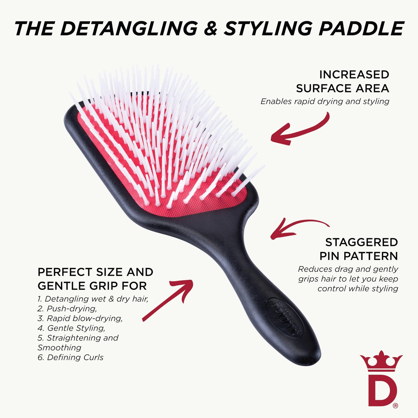 Denman Power Paddle Hair Brush for Fast and Comfortable Detangling, Blow Drying and Styling - Combination of D3 Styling Pins & P