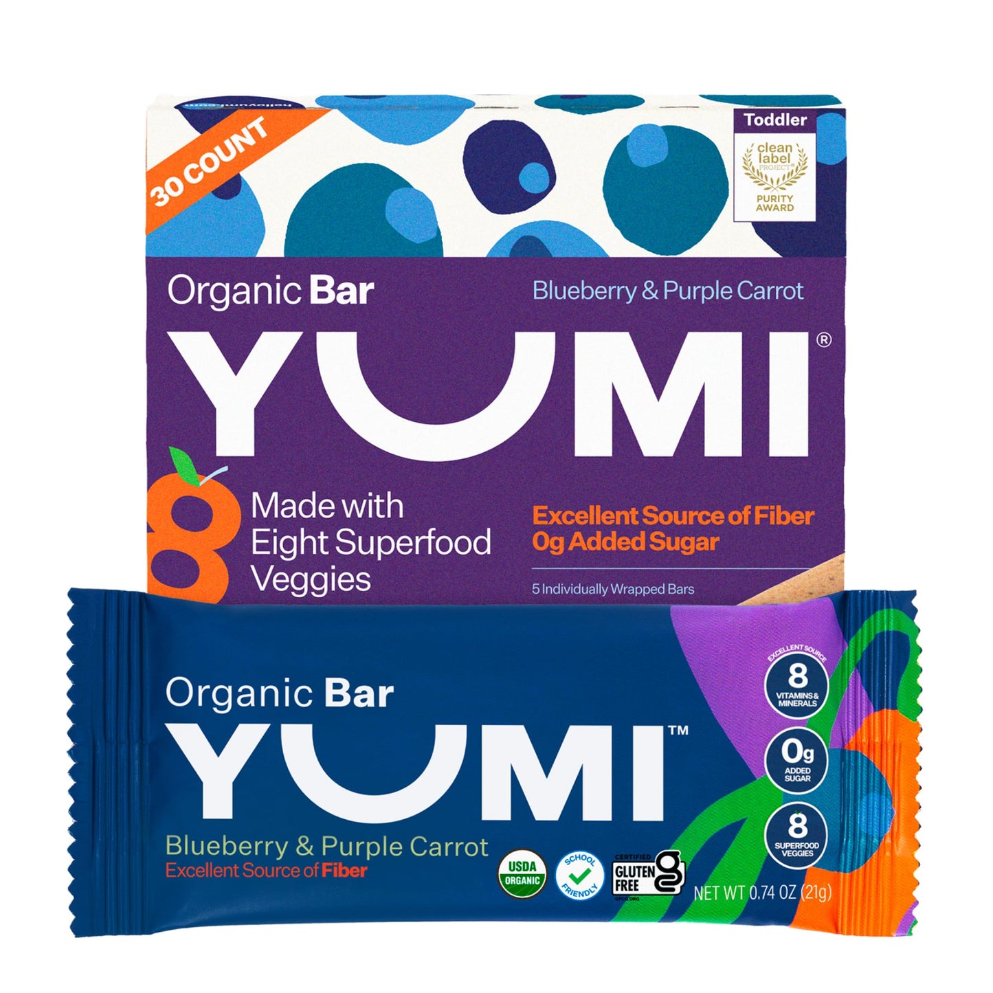 Yumi Organic Toddler Snacks Bars - Gluten-Free No Added Sugar 7+ Vegetables Soft-Baked Crust Yumi Bars Healthy Toddler Organic Snacks - School Safe and for Lunch Boxes Blueberry & Purple Carrot (30ct.)