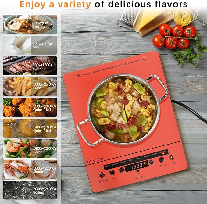 Noxton Portable Electric Stove 110V, 1800W Single Burner Electric Cooktop, Countertop Burner Electri Hot Plate, 4 Hour Timer, 9 Power Level, Child Safety Lock, Compatible with All Cookware(Red)