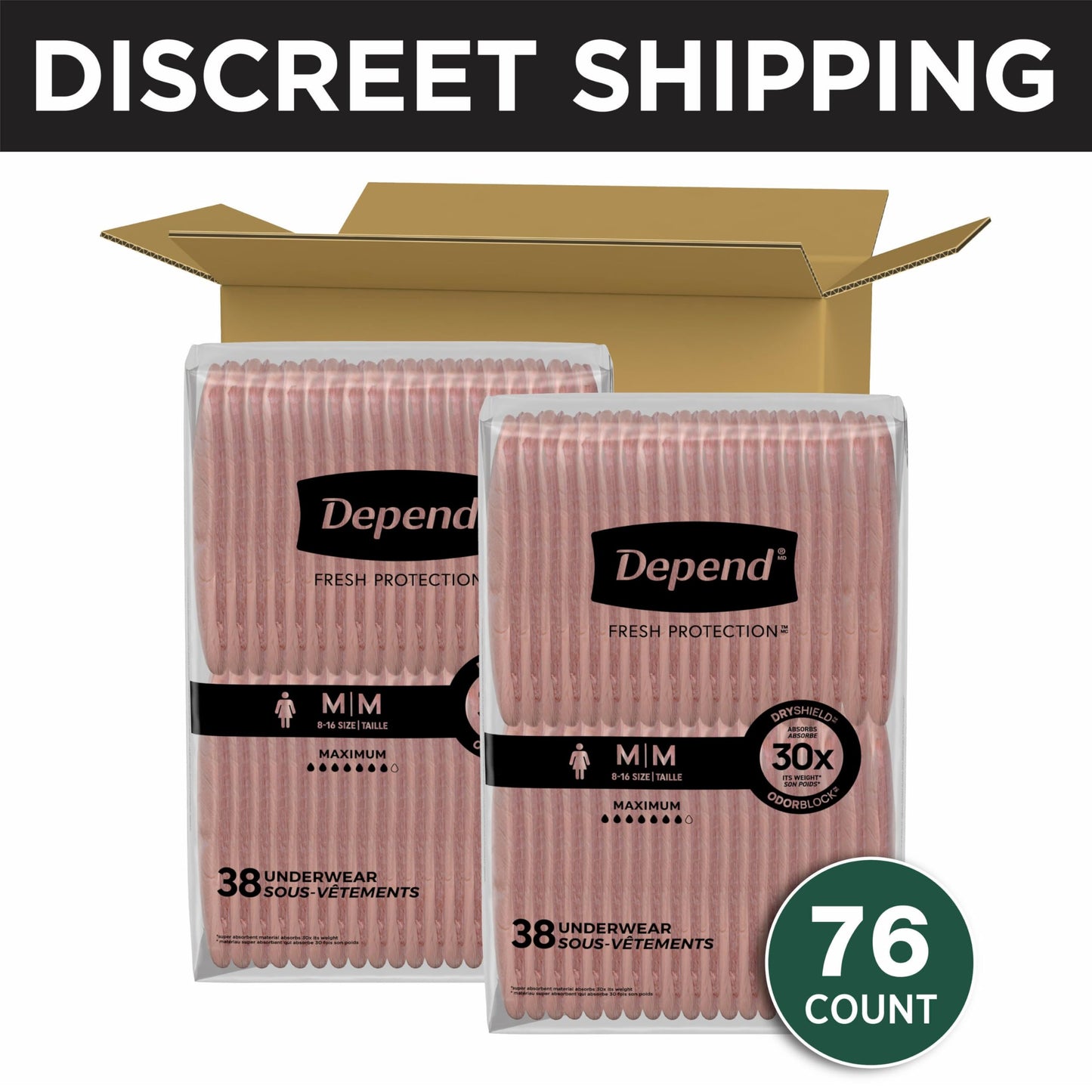 Depend Fresh Protection Adult Diapers, Incontinence & Postpartum Bladder Leak Underwear for Women, Disposable, Maximum, Medium, Blush, 76 Count (2 Packs of 38), Packaging May Vary