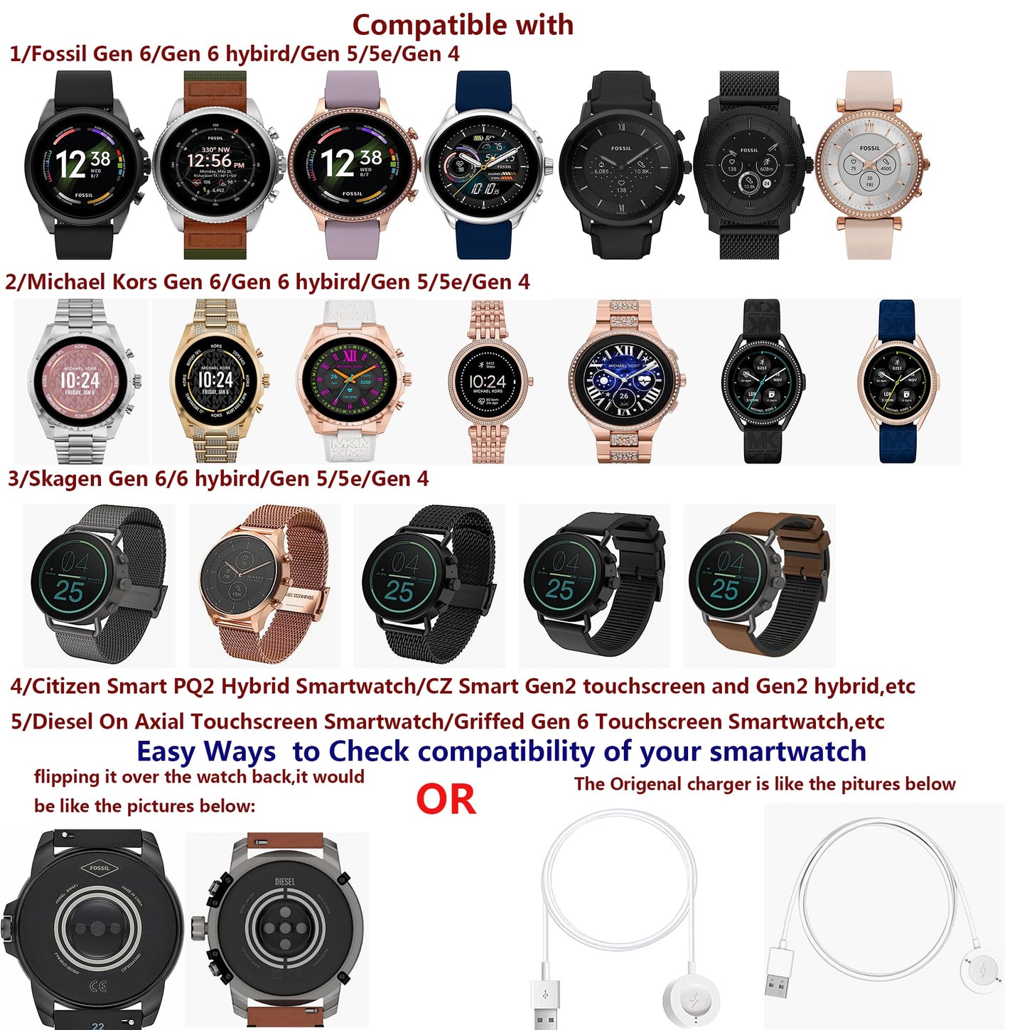 Powerhill Charger/Charging Stand,Compatible With Mkors/Fossil/Cz/Skg/Diesel Touchscreen Smartwatch Gen 6/6 Hybird/5/5E/4,Mkgo/Ru