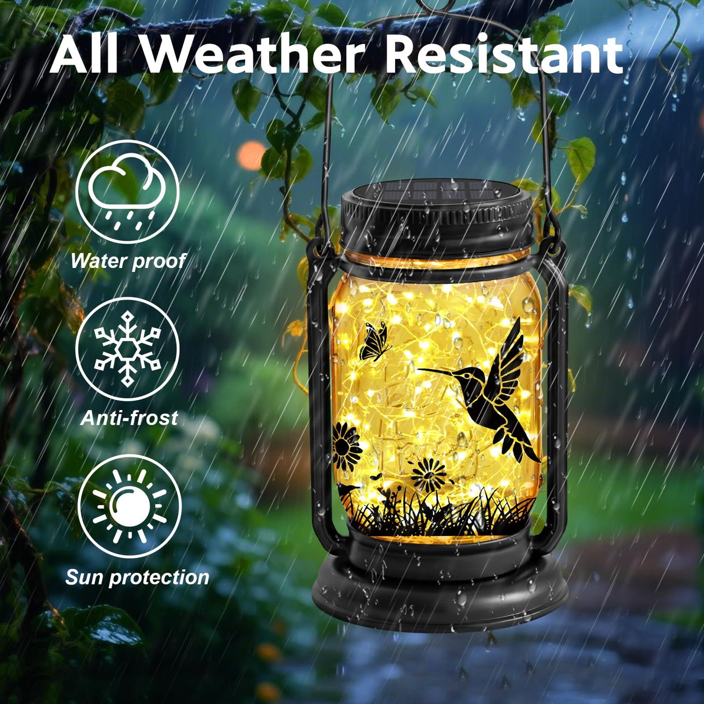 ANGMLN Hummingbird Solar Lanterns 3-in-1 Waterproof Garden Decor Lights, Glass, 2 Pack, Model FG-61