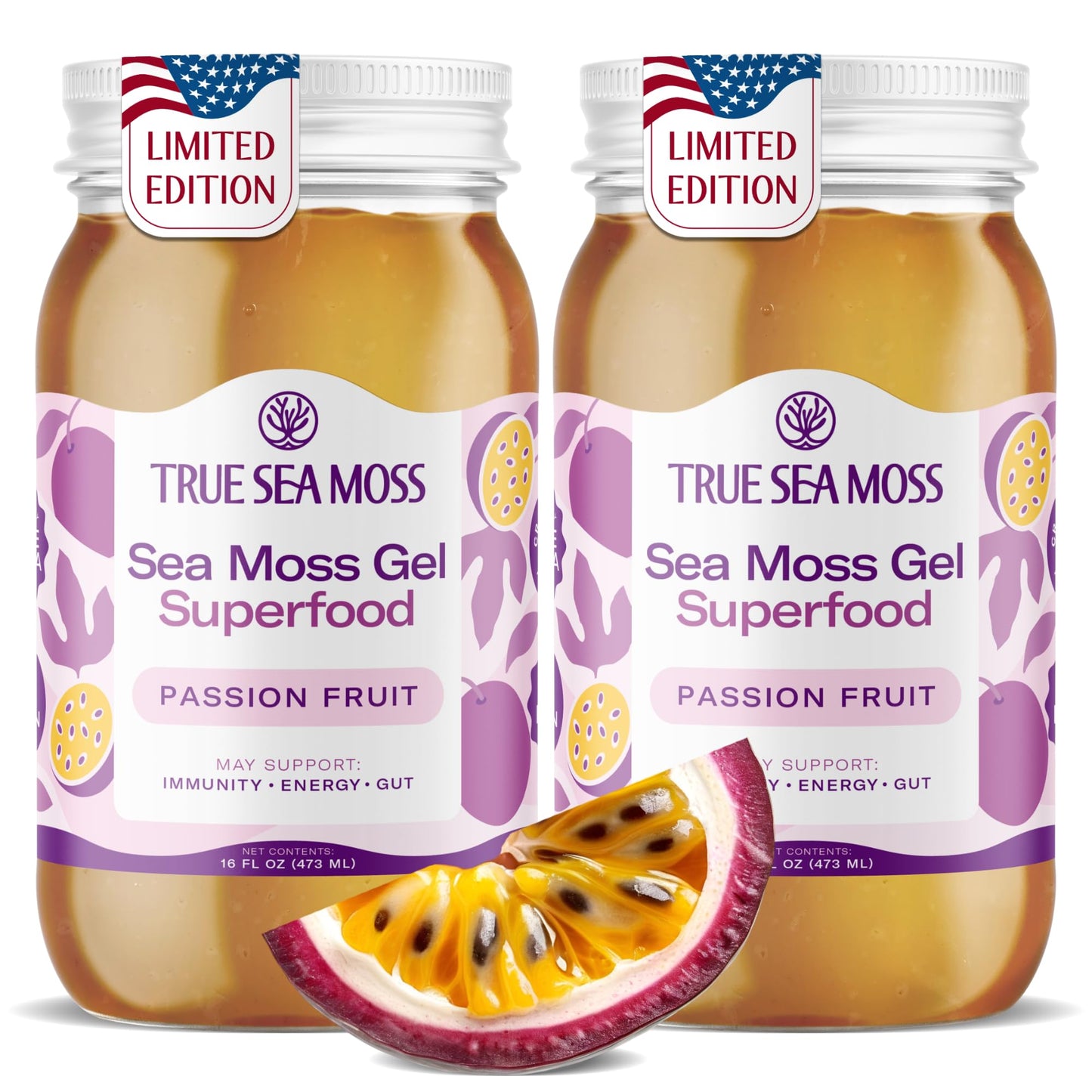 TrueSeaMoss Sea Moss Gel - Made in USA - Wildcrafted Seamoss Fruits & Jarred Vegetables - Passion Fruit Pack of 2 (Labels may Vary)