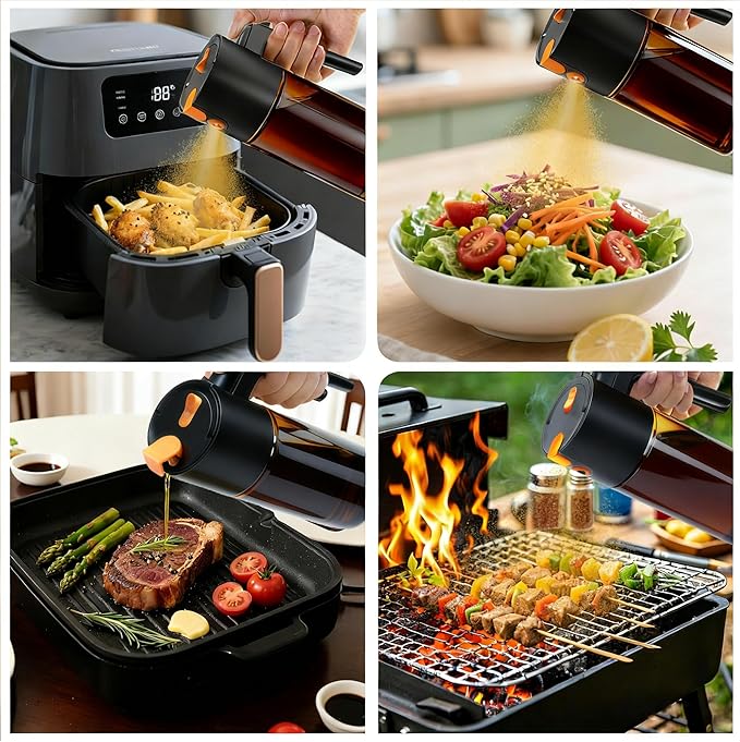 Olive Oil Spray Bottle Dispenser,2-in-1 Glass Material Kitchen Cooking Oil Sprayer,17 oz/500 ml Cooking Spray, Glass Spray Bottle with Tipper, Food Grade Spray for Kitchen, Salad, Frying, Barbecue