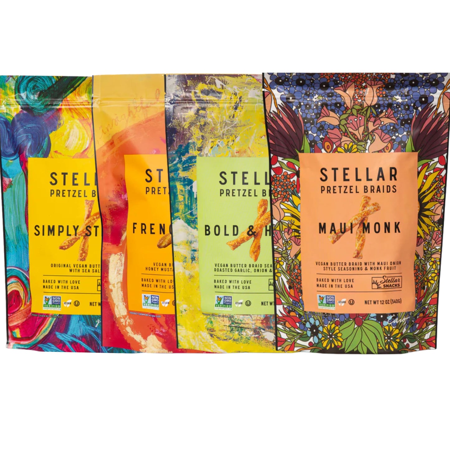 STELLAR SNACKS Pretzel Braids Variety Pack, 4 Flavors, 12 Oz, Vegan, Kosher, Non-GMO, Healthy Snack