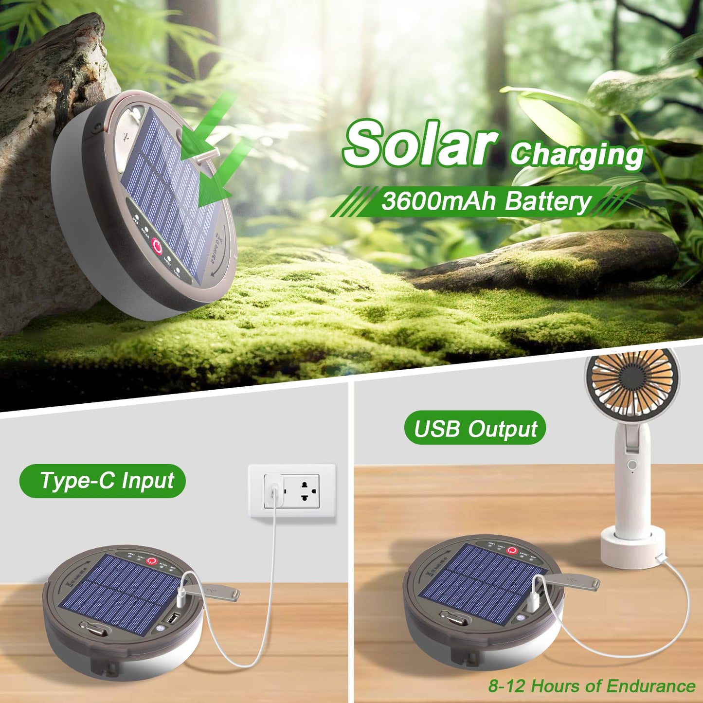 HELESIN Outdoor Portable Camping String Lights, 42ft, 8 Modes, Solar/USB Rechargeable, Multicolor