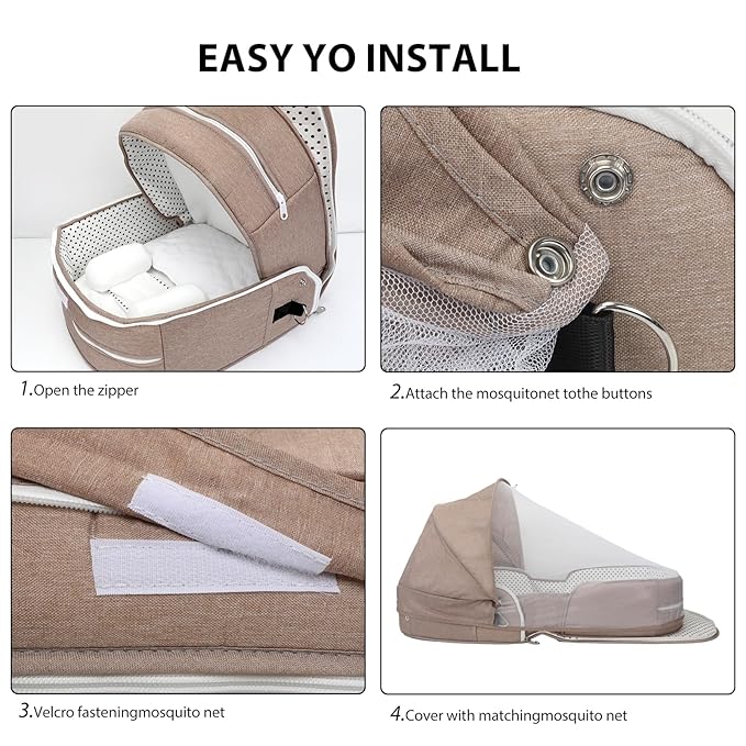 Portable Bassinet for Baby Travel Lounger Foldable Baby Co-Sleeping Bed with Mosquito net + Cool mat Carry Bag & Storage Pocket (Khaki)