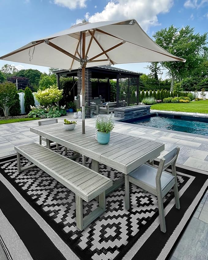 Kohree RV Outdoor Rug 9x12 Reversible, Waterproof Patio Mat with 4 Stakes & UV Fade Resistant, Non-Slip Outdoor Camping Mat for Deck, Picnic, Backyard, Includes Carry Bag (Black & Gray)
