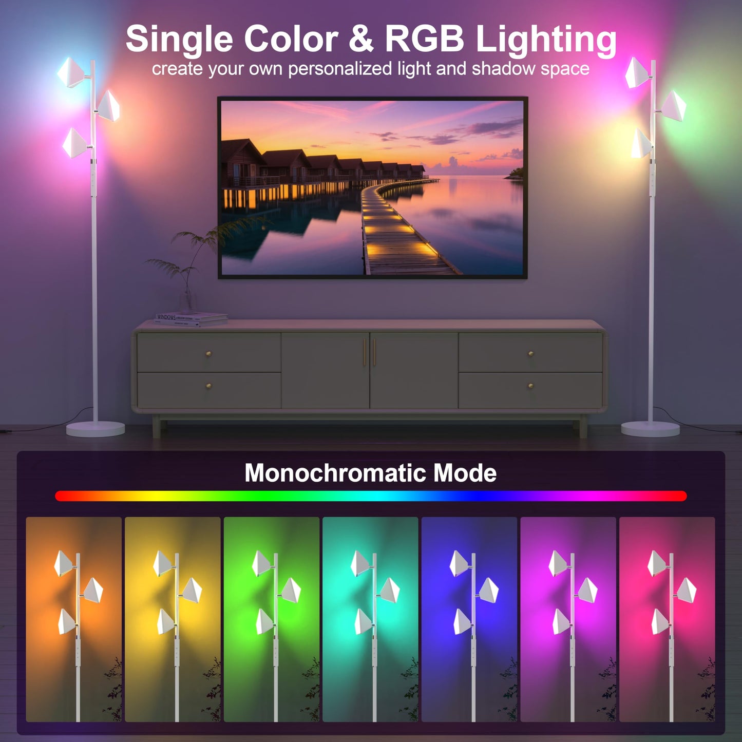 PARTPHONER RGB Tree Floor Lamp, Stepless Dimmable, Remote & Touch Control, White, Model FLA-036-A2-White