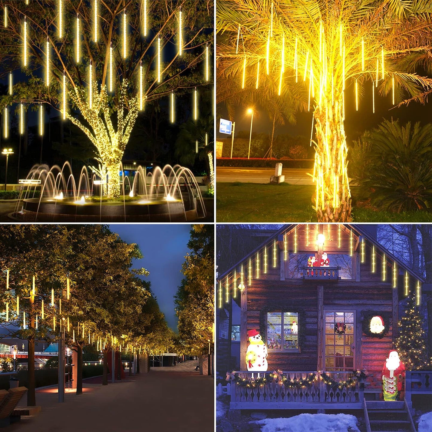 2-Pack Extendable Meteor Shower Christmas Lights Outdoor 16 Tubes 384 Leds Waterproof Falling Rain String Lights Christmas String Lights Outdoor For Tree Patio Garden Holiday Decorations(Warm White)
