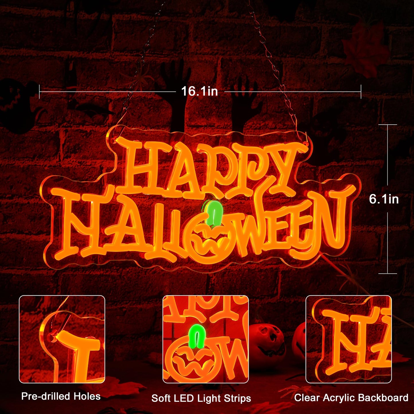 Jannisa LED Neon Light Sign - Happy Halloween Pumpkin Decor, 16.1x6.1in, USB Powered, Orange Acrylic for Parties and Home Decoration