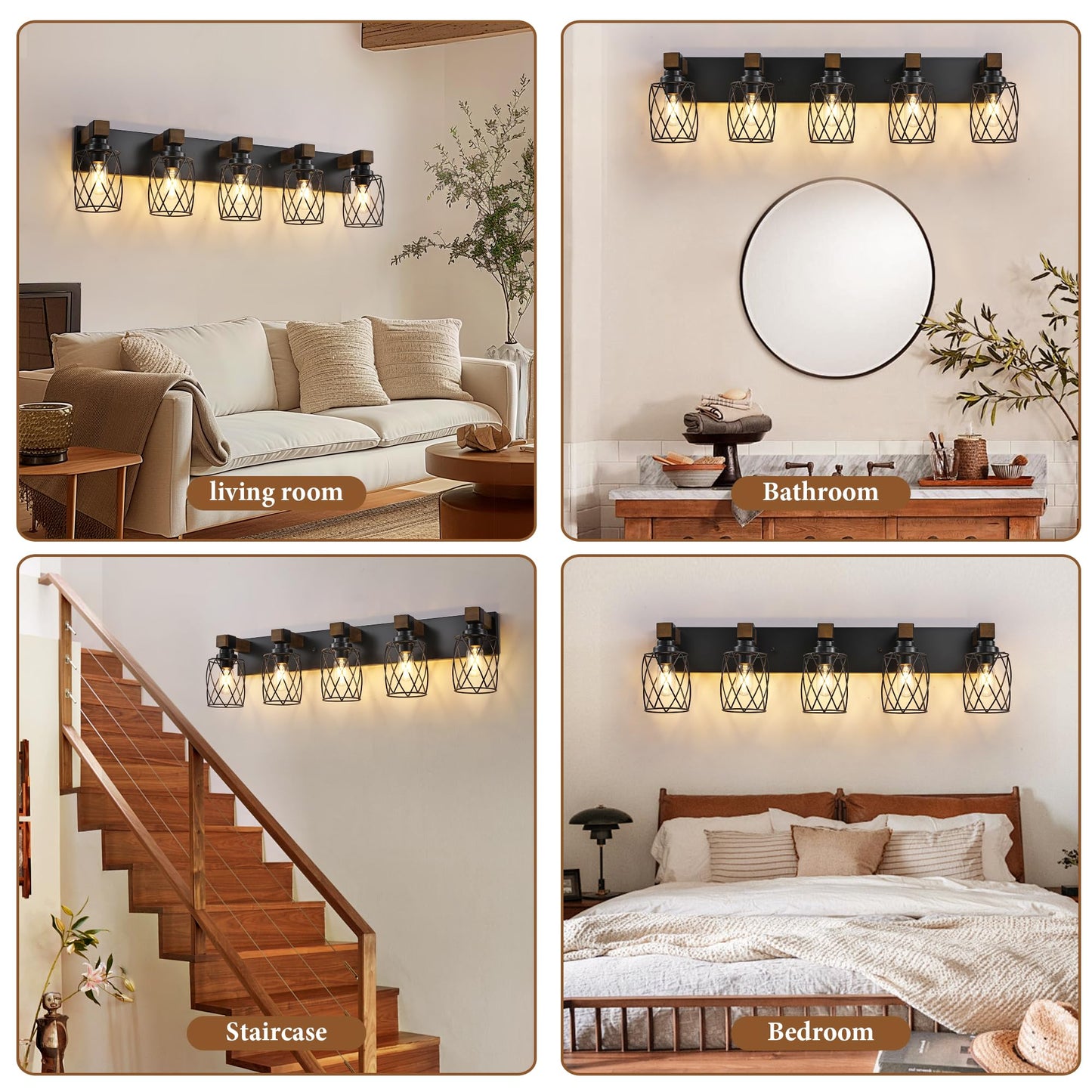 Xvmbvm Farmhouse Bathroom Vanity Light 5-Light Wood Bathroom Light Fixtures Over Mirror Black Industrial Vanity Lights With Metal Shade Rustic Bathrooms Lighting For Living Room Bedrooms Hallway