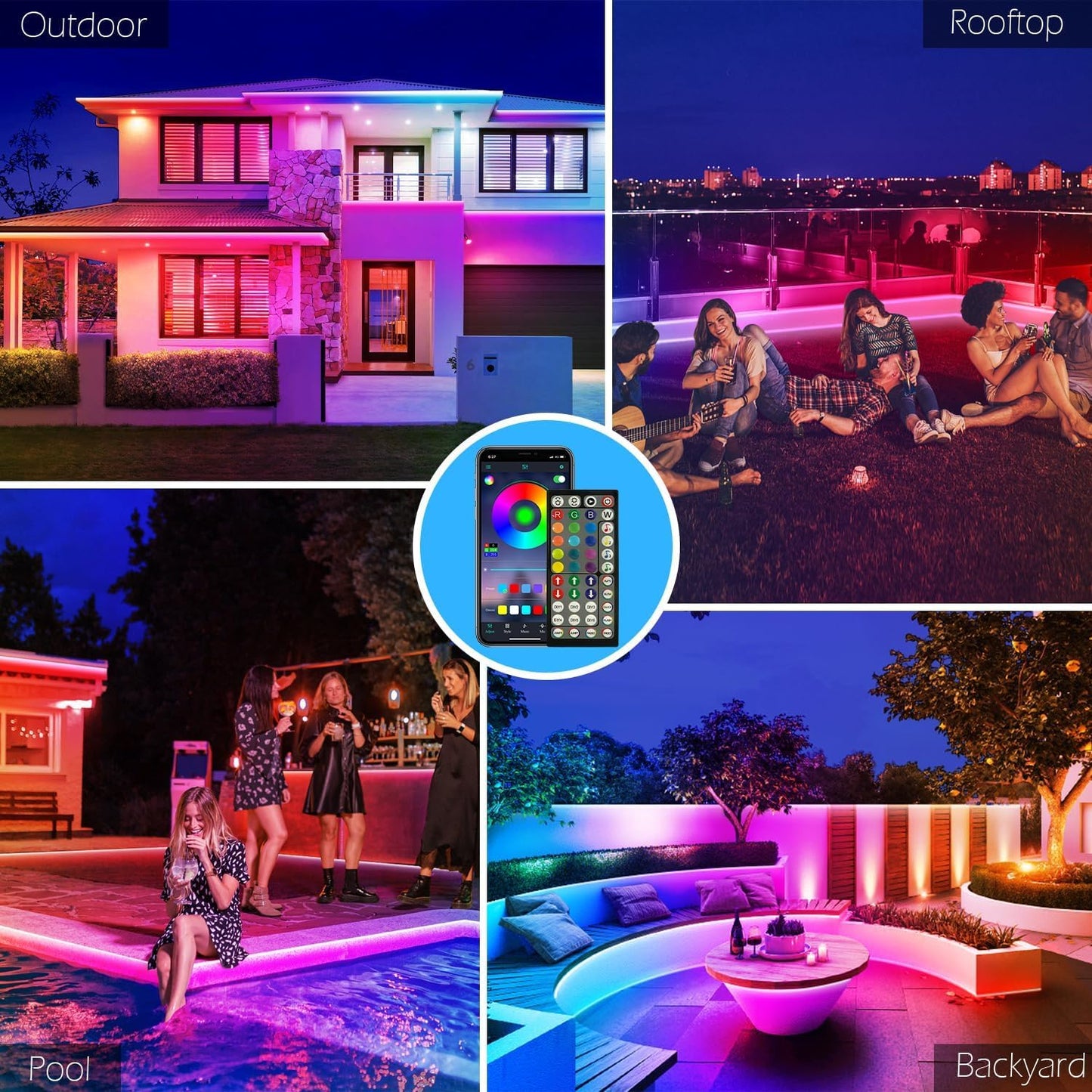 Outdoor LED Strip Lights Waterproof,Music Sync RGB IP68 Outside Led Light Strips Waterproofs with App and Remote,Exterior Led Rope Lights Waterproof for Deck,Balcony,Roof,Garden,Pool (50FT)