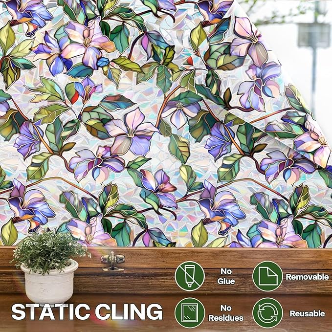 Purple Flower Stained Glass Window Film, Rainbow Floral Static Cling Privacy Film, UV Protection Removable Decal Sticker for Bathroom Bedroom Living Room Sunroof, 17 x 78.74 Inch