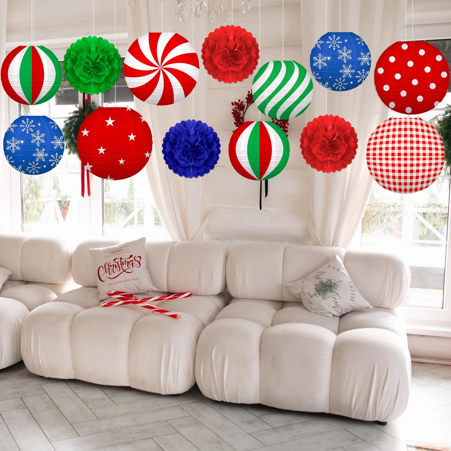 Renbuzhu 13Pcs Christmas Decorations Ornaments Set - 9 Red Green Blue Hanging Paper Lanterns 4 Pom Poms For Indoor Home Xmas Party Porch Decor