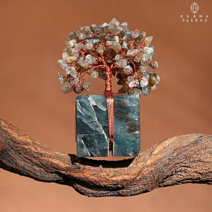 KARMAPLEDGE Crystal Tree of Life Feng Shui Decor for Home and Office, Labradorite Chakra Healing Crystal Handmade Tree for Positive Energy, Money, Good Luck, Christmas Decor, Birthday Gifts for Women