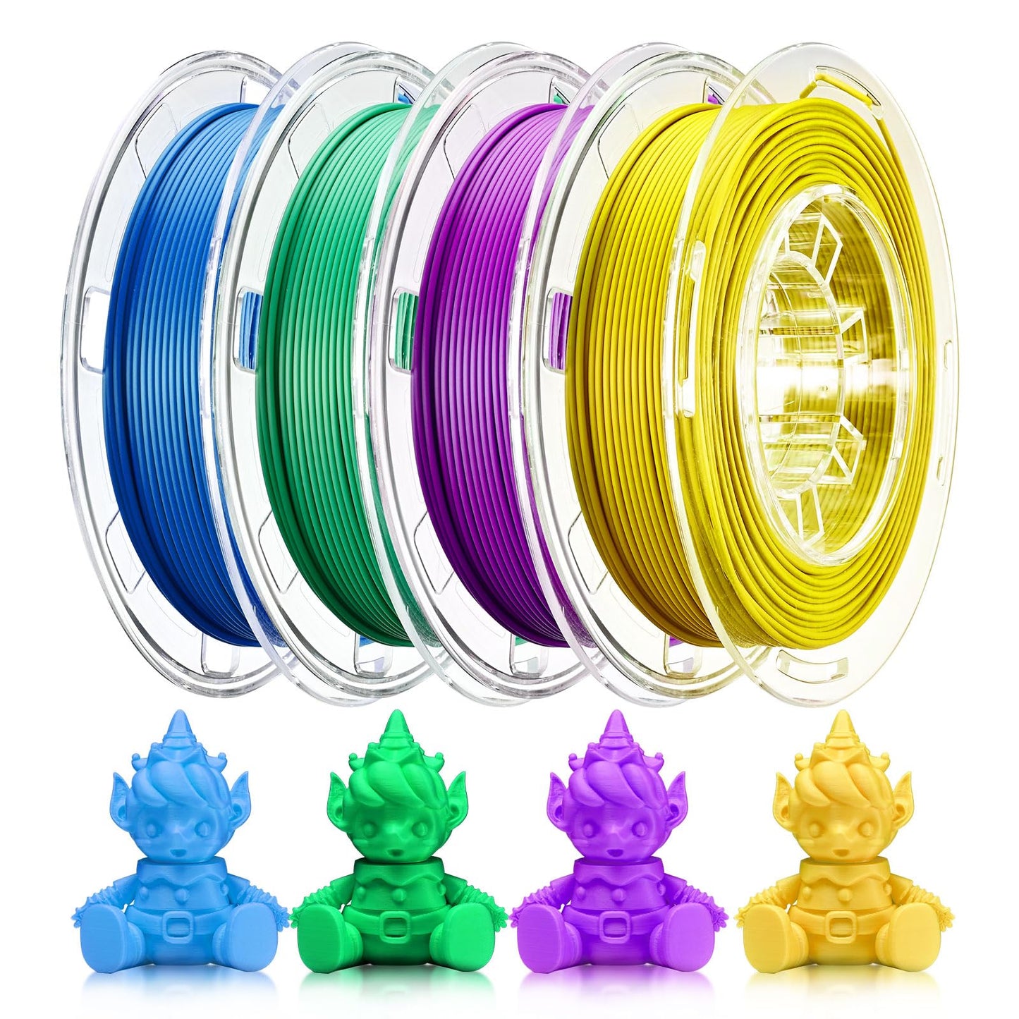 AOSEED 3D Printer Filament Set, 1.75mm ( 0.03 mm) PLA Filament, Purple, Green, Blue, Yellow 3D Printing Filament Bundle for Most