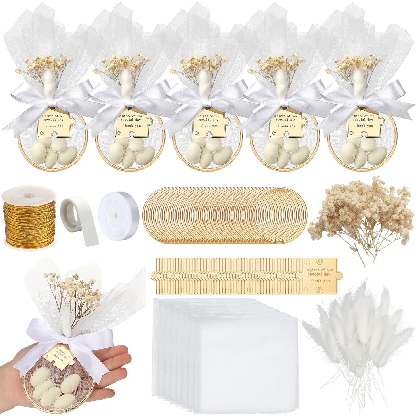 AceOrbit 50 Sets Wedding Almond Candy Favors for Guests Include Ring and Tulle Bag DIY Marzipan Souvenirs for Engagement Bridal