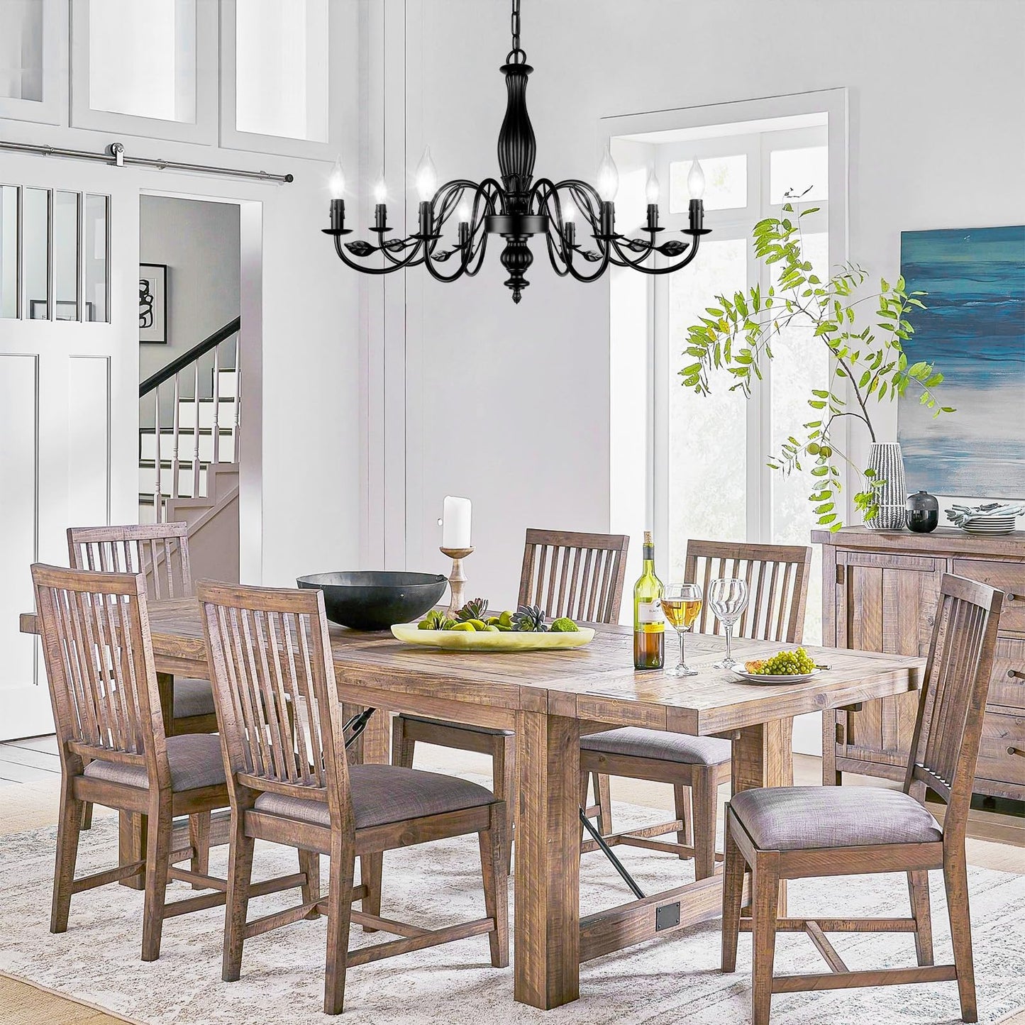 29 Large Black Chandelier For Dining Room Modern Farmhouse 8-Light Light Fixture Hanging Industrial Kitchen Lighting Fixtures With Leaf Vintage Chandeliers Over Table For Bedroom Foyer Living Room