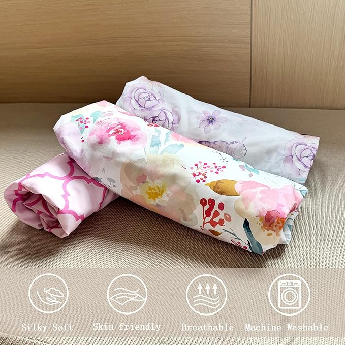 AMROSE 3 Pack Changing Pad Covers, 32" x 16" Ultra Soft Microfiber Diaper Change Table Sheets for Baby Girls, Happy Garden