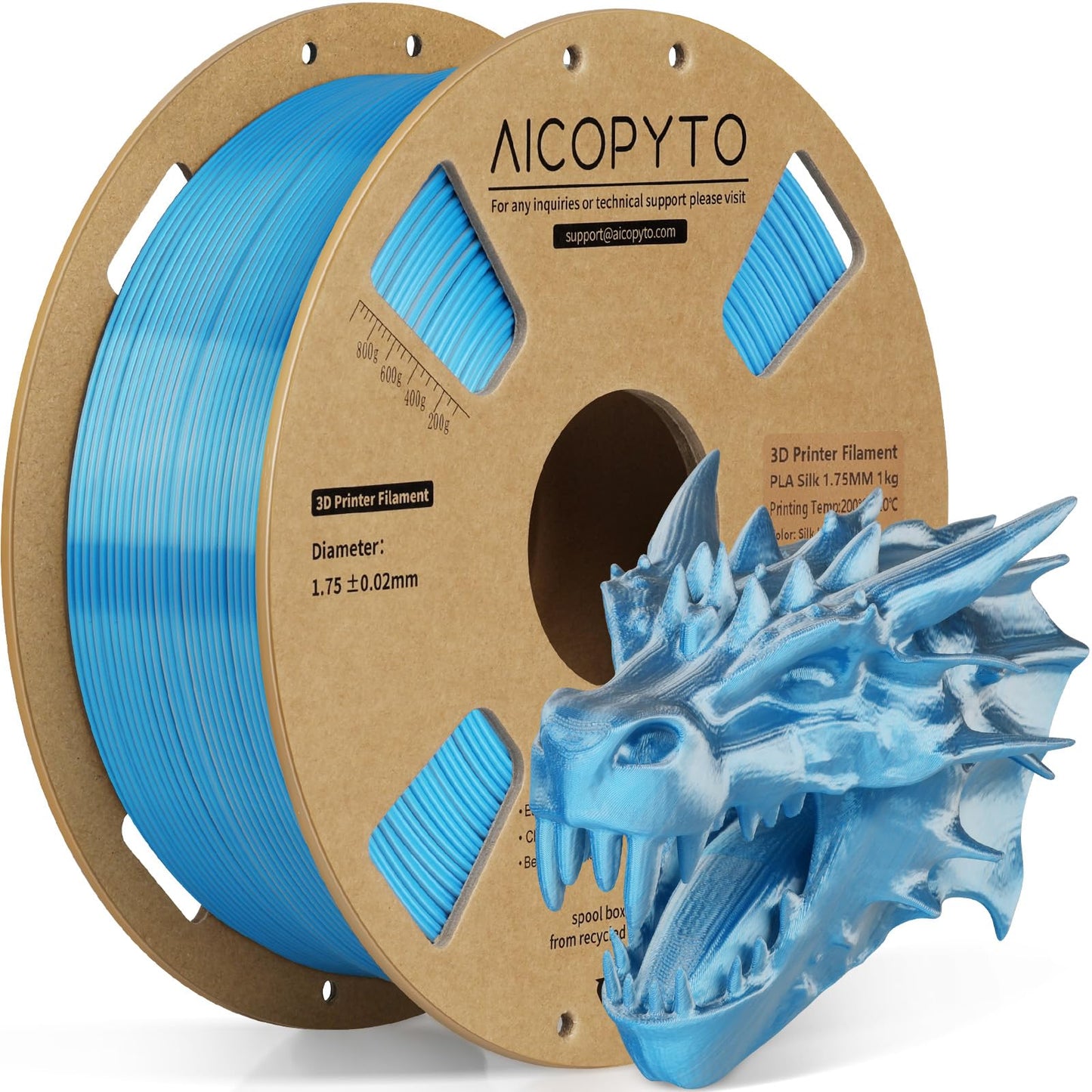 AICOPYTO Dual Color Silk PLA 3D Printer Filament 1.75mm,Dual Color 2-in-1 Silver-Blue Silk Filament 1KG Spool (2.2lbs) Dimension