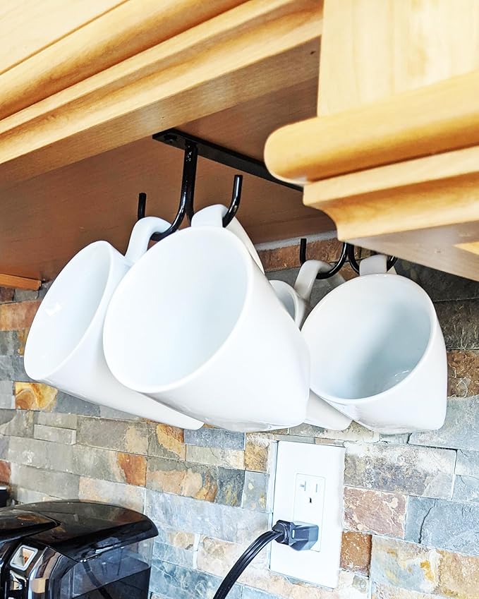 Mug Rack Under Cabinet 12 Mug Hooks Coffee Cup Holder Under Shelf Display Hanging Cups Organizer Hanger for Bar Kitchen Utensils - Black