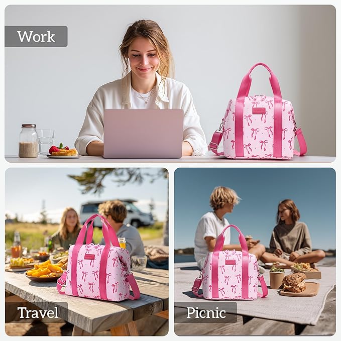 Lunch Bag Women Insulated Lunch Box,Cute Large Lunch bags,Reusable Leakproof Cooler Bag with Adjustable Shoulder Strap for Men Adult Work Office Picnic Hiking Pink bow