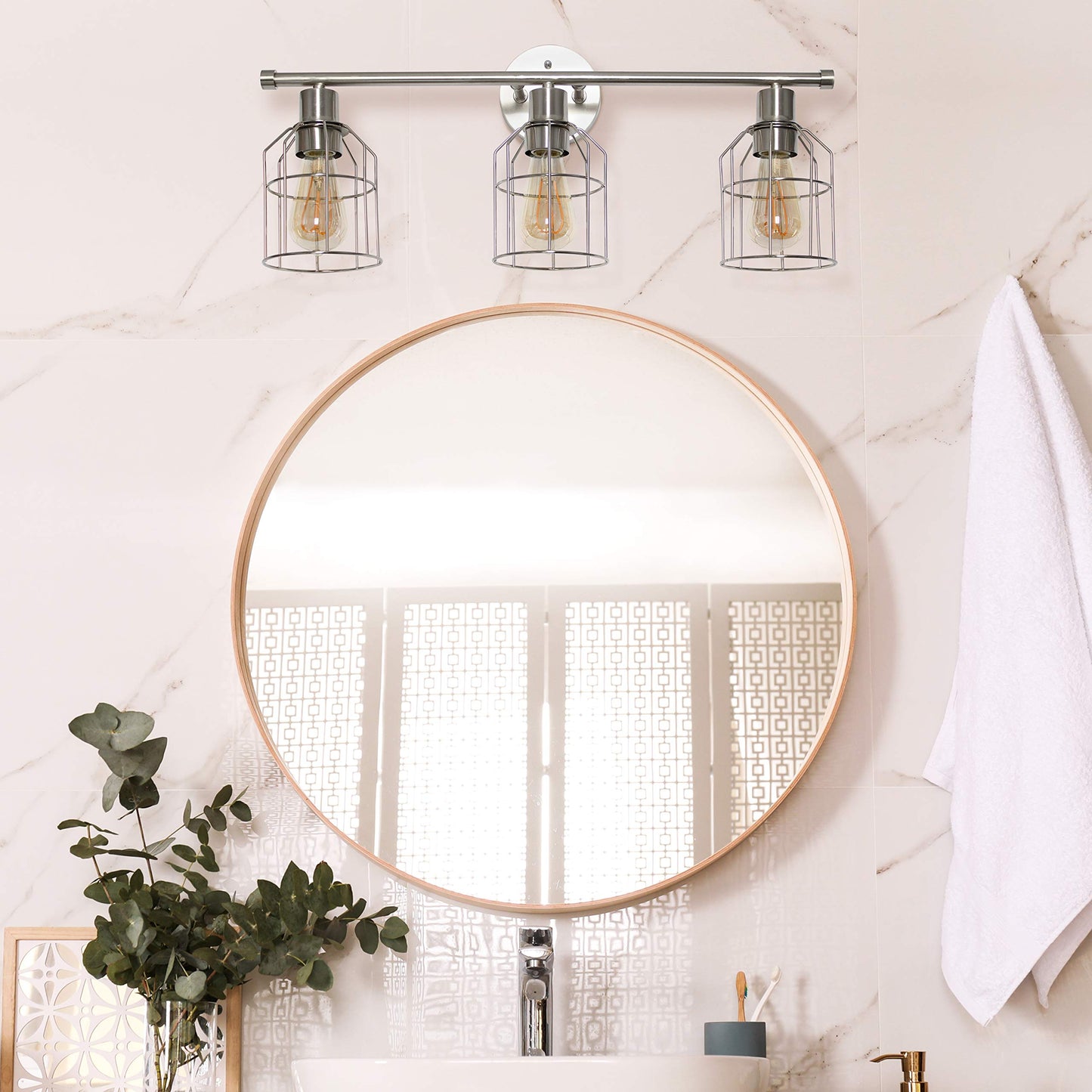Elegant Designs VT1014-BSN 3-Light Cage Vanity Light, Iron, Brushed Nickel