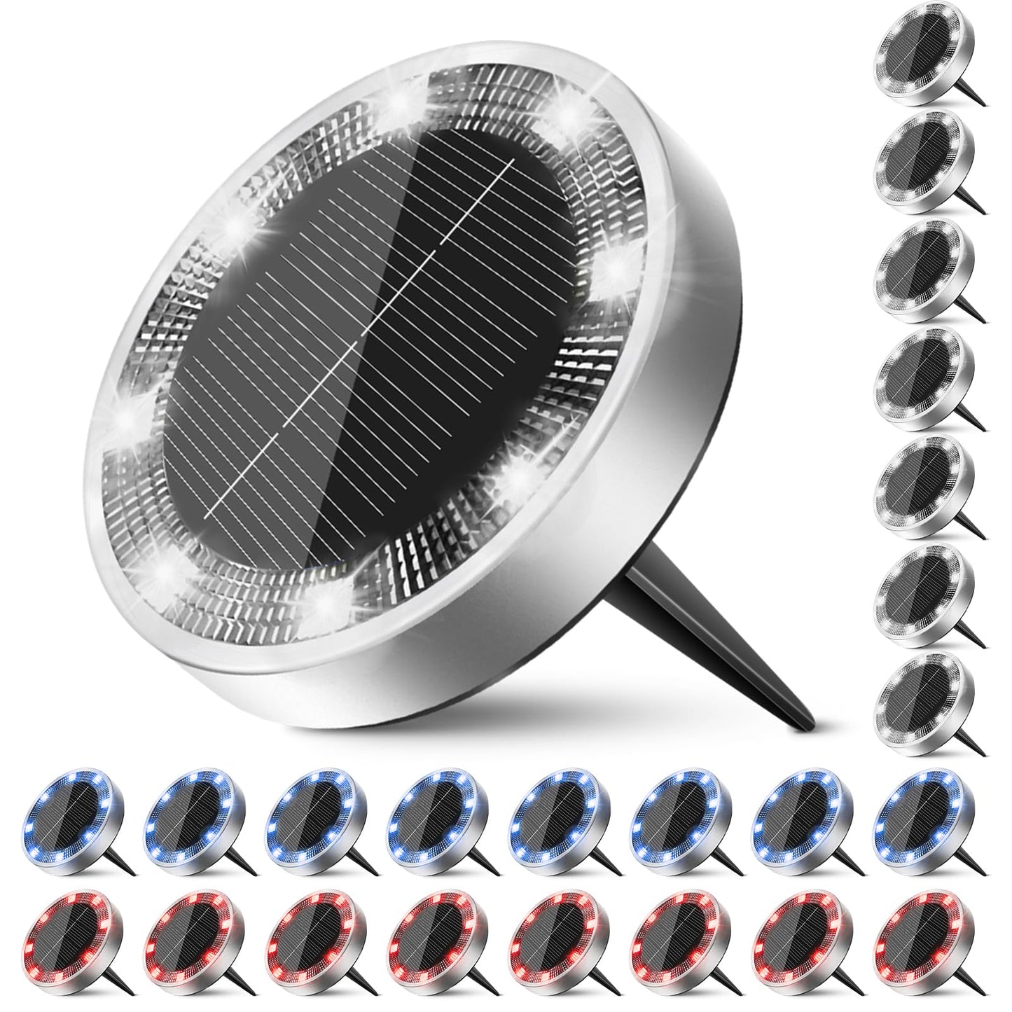 Peasur Solar Ground Lights Outdoor 24 Pack Flat Solar Powered Disc Lights Ip68 Waterproof Anti-Rust Landscape Lighting For Pathway Garden Yard Lawn Walkway Landscape Driveway Red+Blue+Cool White