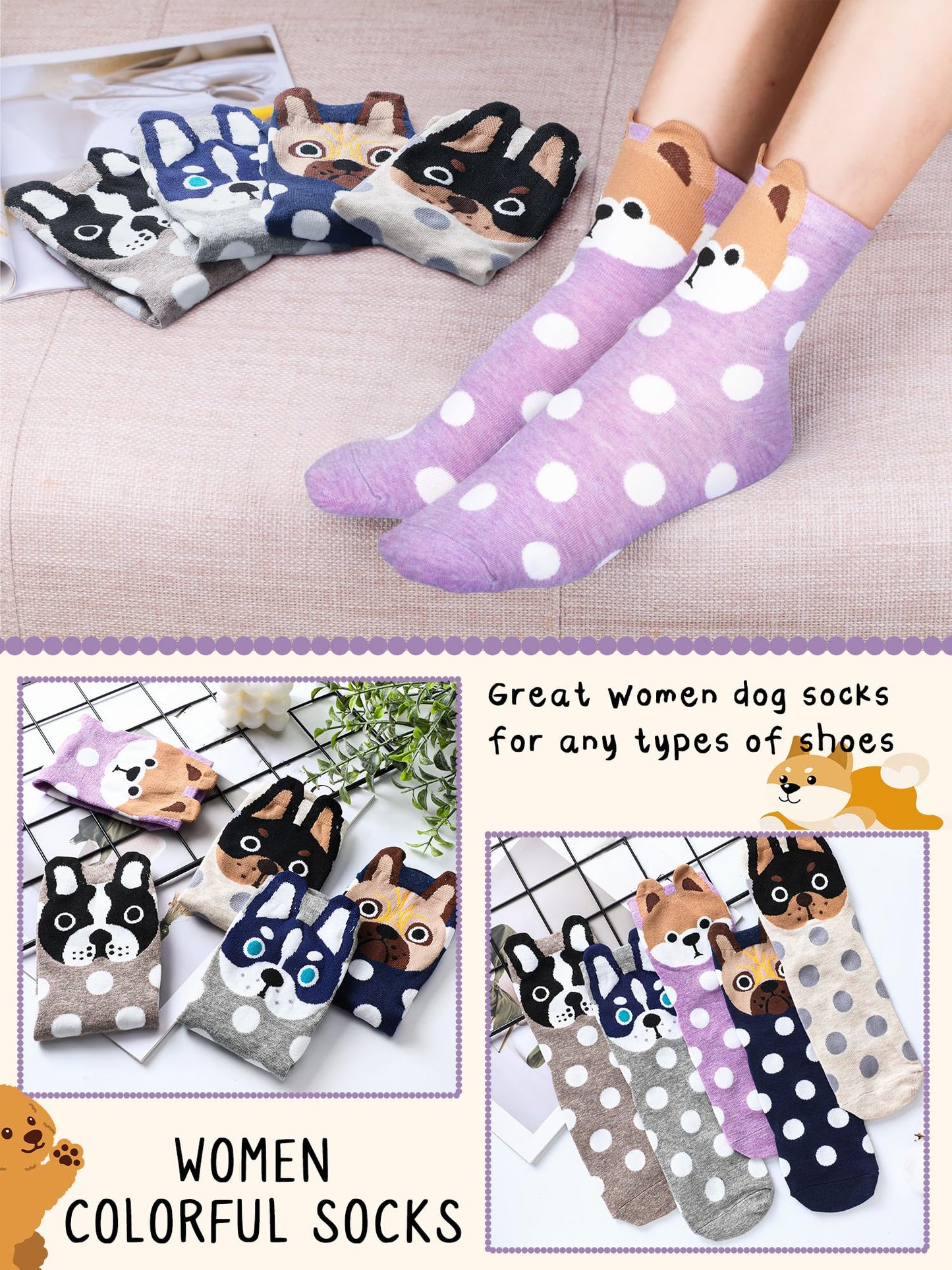Fourluoo 5 Pairs Women Cat Socks Cute Cozy Funny Animal Patterned Fun Ankle Sock Novelty Dog Socks for Women Gift(Muted Tones,Spot Dog)