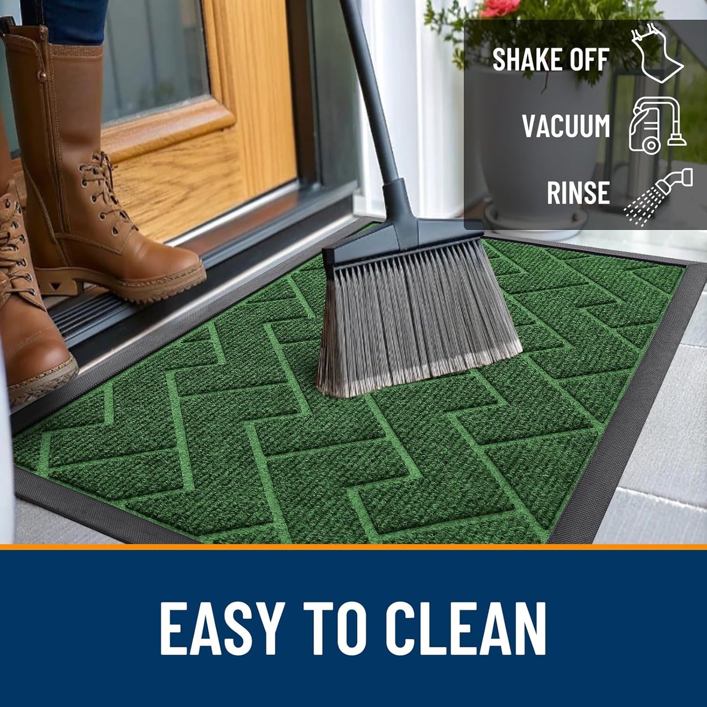 OLANLY Front Door Mat Indoor Outdoor Entrance, Waterproof All-Season, All-Weather Doormat, Sturdy Natural Rubber, Low Profile, Easy Clean Patio Porch Entryway Mat, Herringbone Brick (Green, 47x32)