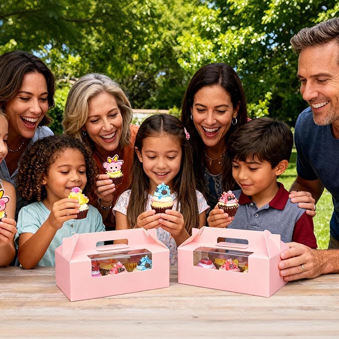 FORBFAN 50 Pcs Cupcake Boxes with Handles, 6 Count Muffin Boxes with Window, and Inserts, Cupcake Holders Bakery Carrier Boxes for Cookies Treats Dessert