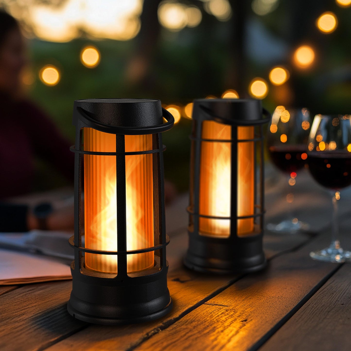 FOXFLAME Metal Outdoor Solar Lanterns, Waterproof Flickering LED, 4 Pack, Matte Black, Model FFMDL4