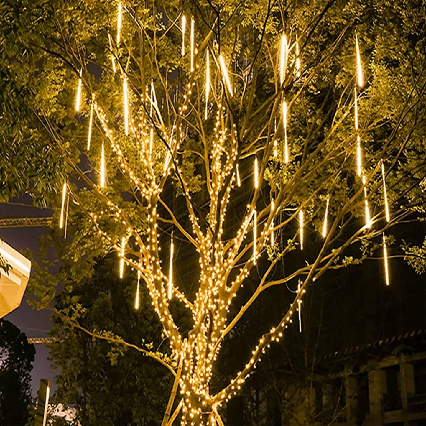 Dazzle Bright 1728 Led Christmas Light Meteor Shower Rain Lights 11.8 Inch 48 Tubes Waterproof Plug In Falling Rain Lights Decorations For Xmas Tree Yard Party (Warm White)