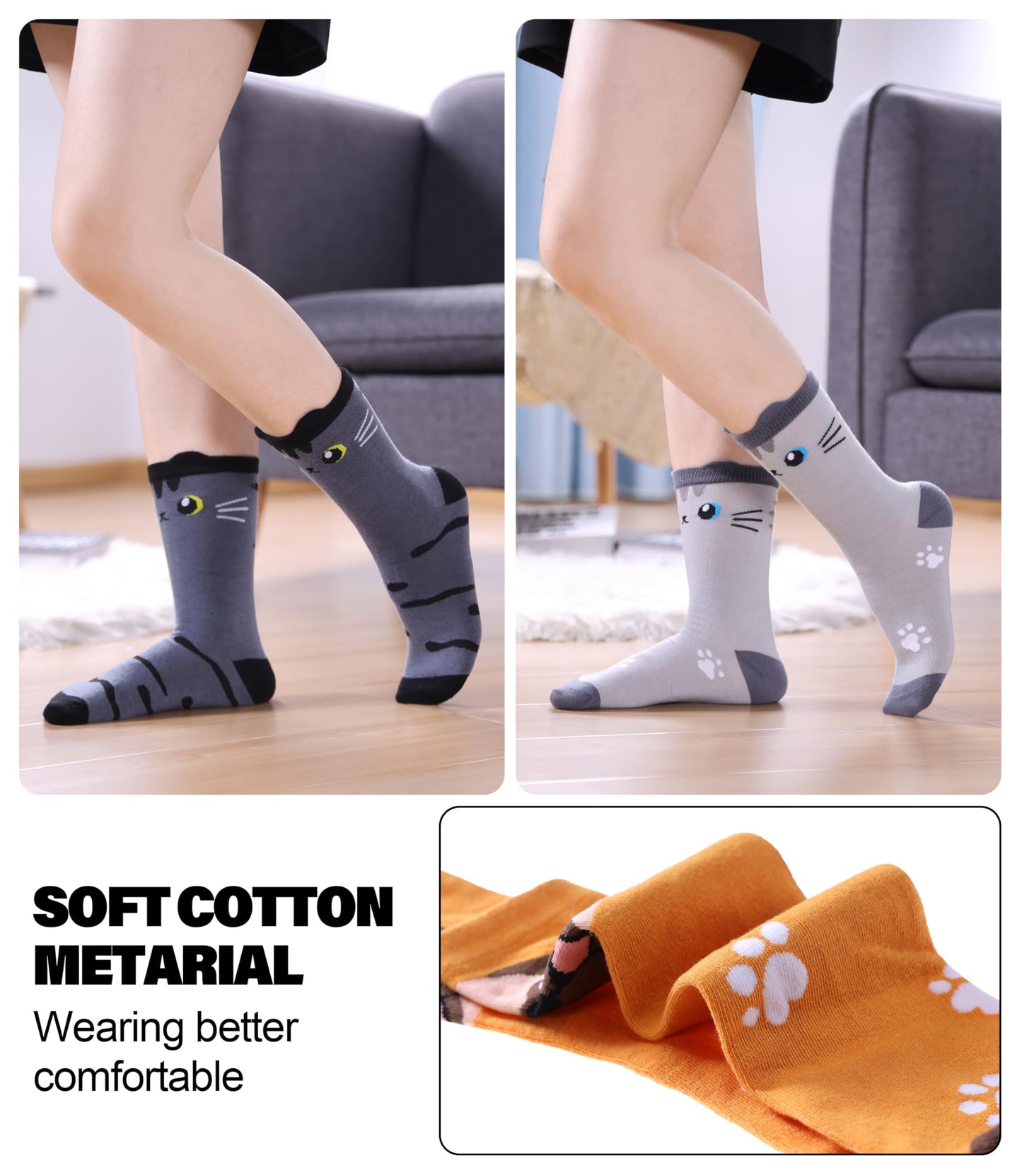 SDBING Womens Cat Socks Cute Gifts Animal Soft Breathable Thin Cotton Casual Crew Socks 5 Pairs (Cat, 6-10)