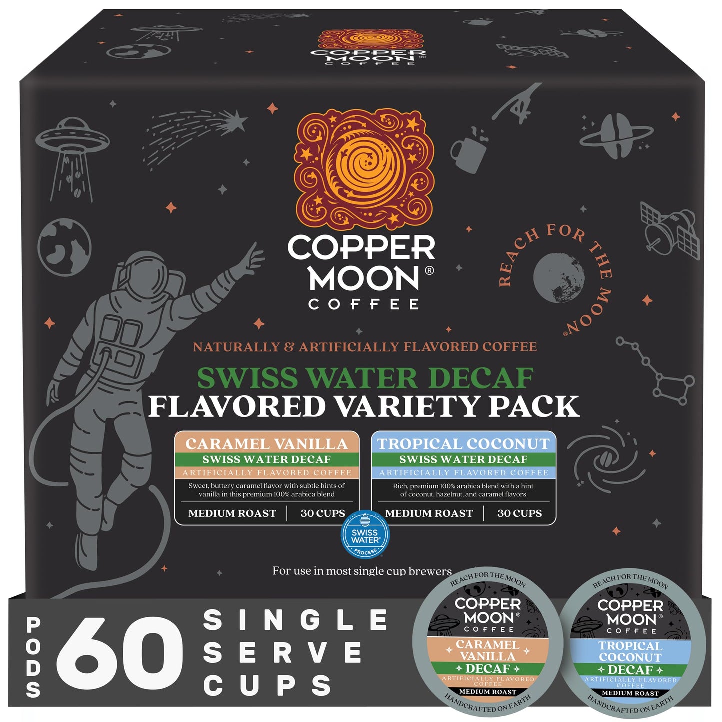 Copper Moon Coffee Swiss Water Decaf Flavored Variety Pack 60 Count