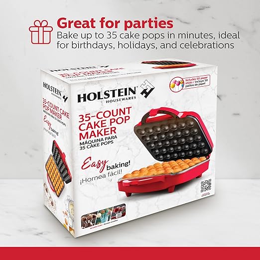 Holstein Housewares 35-Count Cake Pop Maker with Non-Stick Plates & Indicator Lights – Bakes 35 Sweet or Savory Pops Fast, Perfect for Birthday Treats & Holiday Party Snacks, Red
