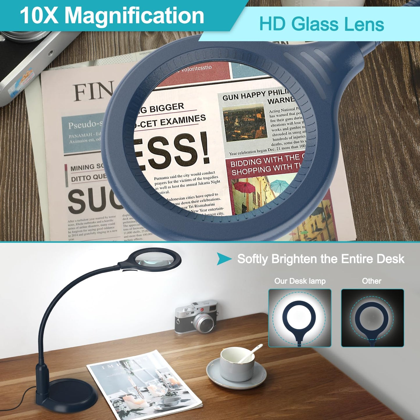 TOMSOO 10X Magnifying Glass with Light, Flexible Gooseneck, Aluminum, Blue, Model LBKB41HTM