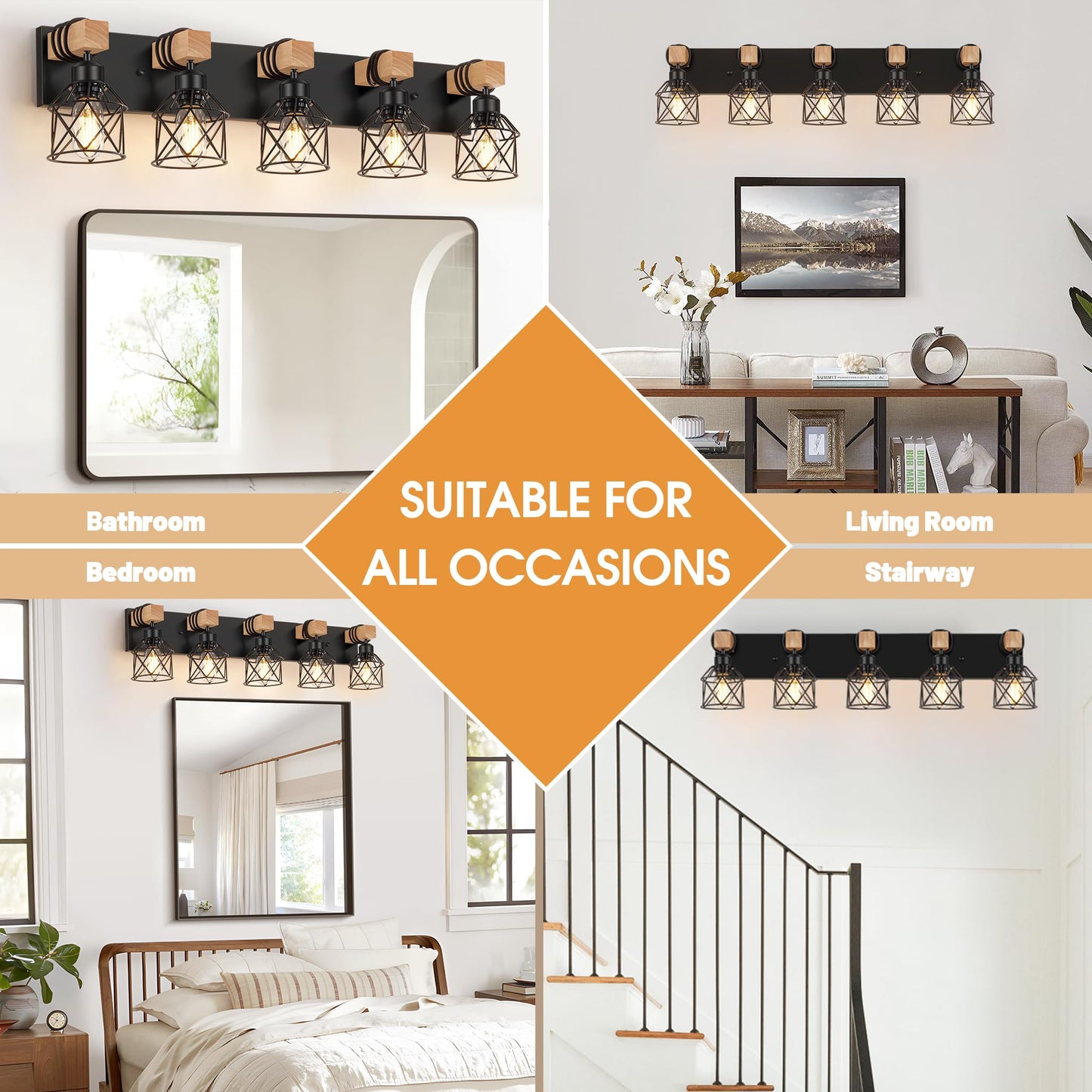 Fadimikoo 5-Light Wooden Black Bathroom Light Fixtures Rustic Style Vanity Wall Sconces Lighting With Metal Cage Farmhouse Bathroom Lights Wall Mount For Bedroom Living Room Entrance