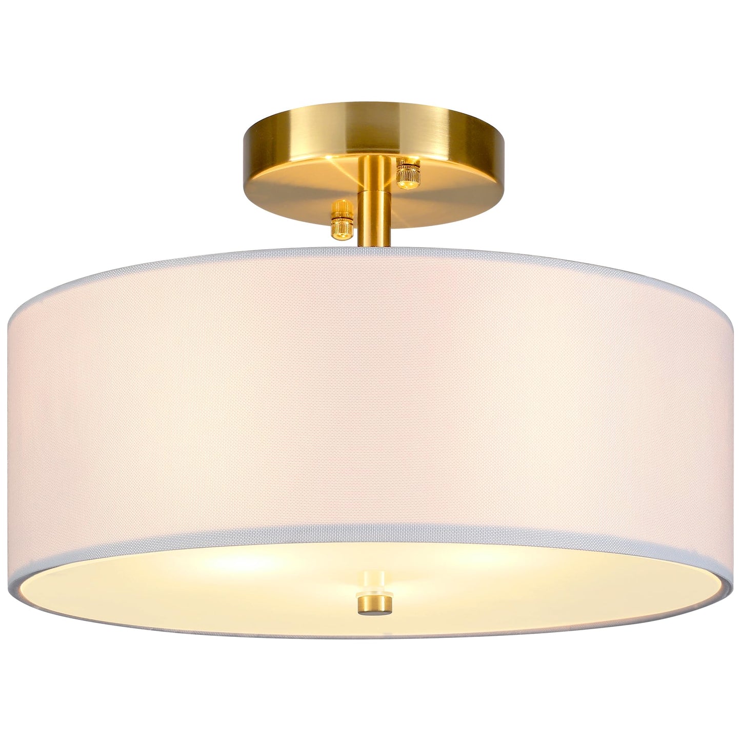 QLXTeltd 12.6 Semi Flush Mount Ceiling Light Fixture, 3 Light Gold Drum Light Fixtures with White Fabric Shade, Modern Close to