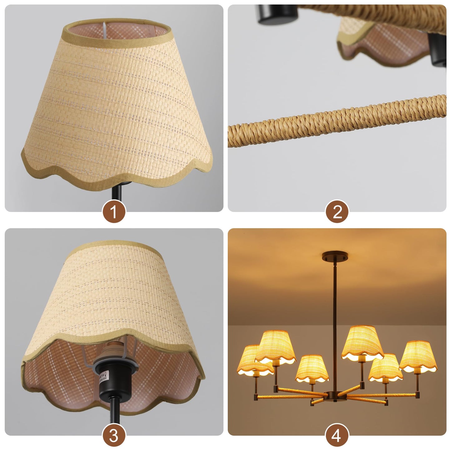 Zxfdwb Boho Rattan Farmhouse Chandelier 6-Light Modern Large Black Pendant Light Rustic Adjustable Hanging Lighting Fixture For Dining Room Kitchen Island Living Room