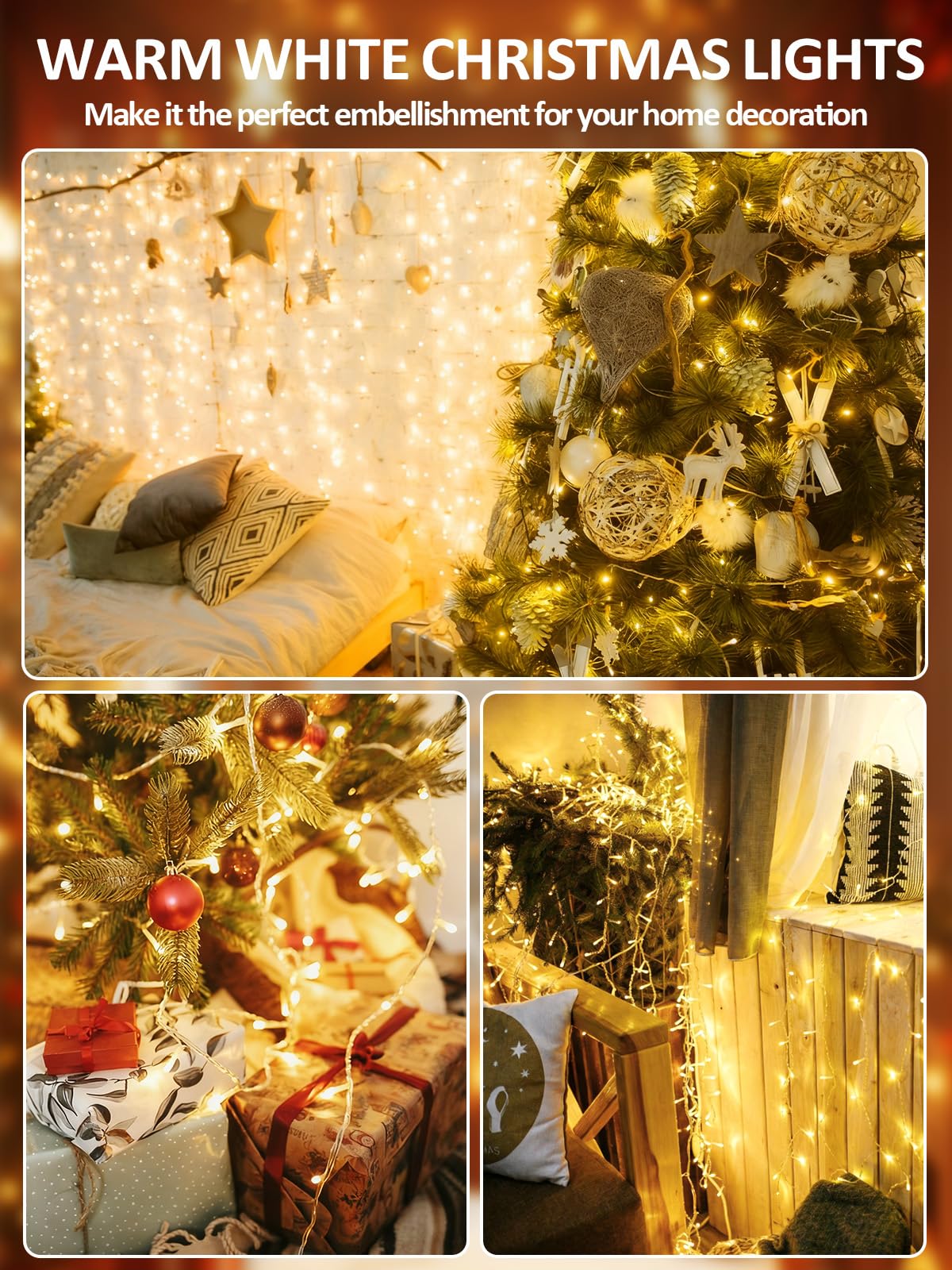 Voice Control Smart Christmas Lights Indoor Outdoor Clear Wire 66Ft 200 Led String Lights Waterproof 12 Modes Twinkle Fairy String Light For Xmas Tree Wedding Party Bedroom Decorations (Warm White)
