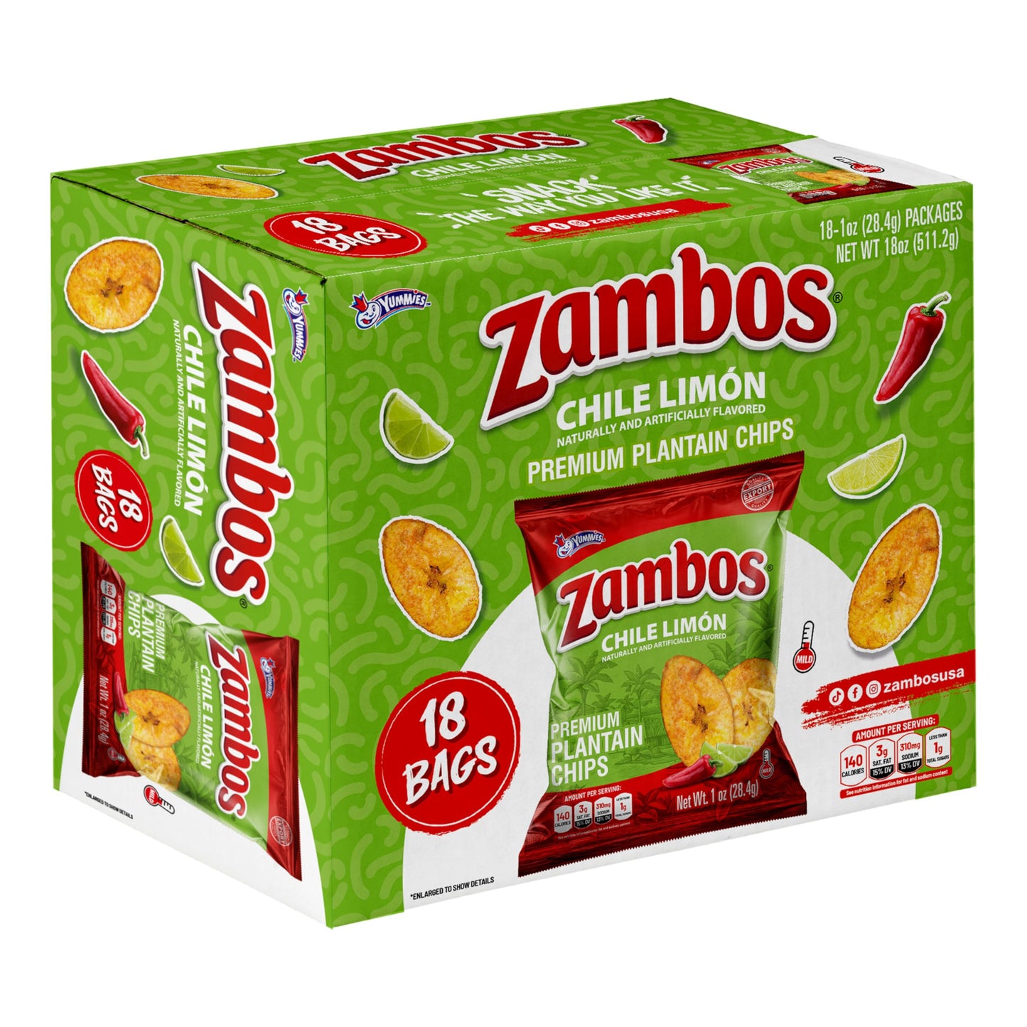Zambos Plantain Chips Chile Limon Multipack 1 oz Bags (Pack of 18)