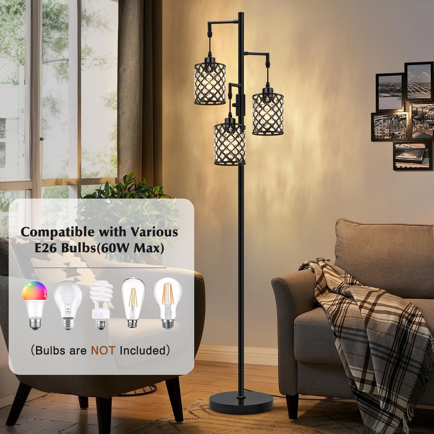 GyroVu 3-Light Floor Lamp with K9 Crystal Shade, Black Metal, Model G-1FL-1769C, Modern Design for Living Room and Home Office