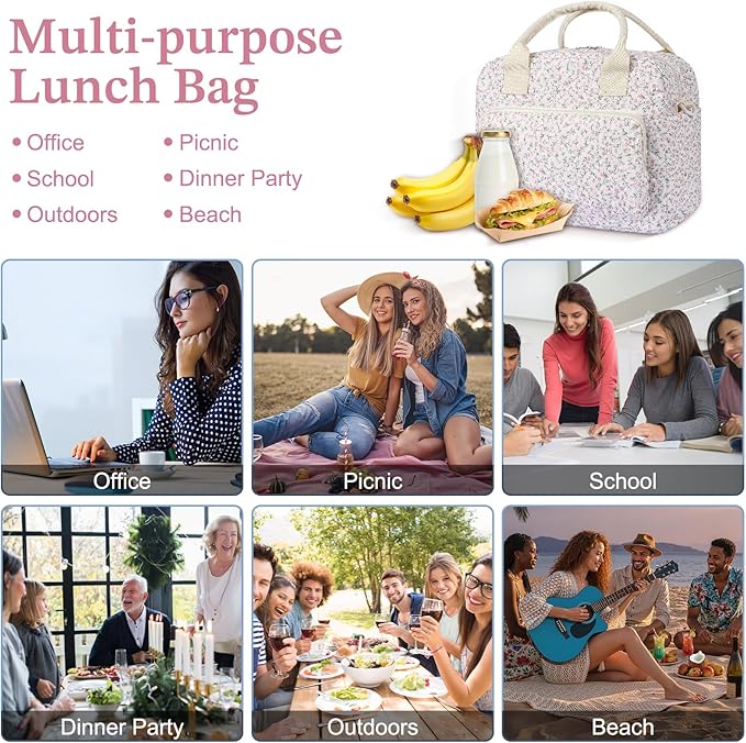 Quilted Lunch Box for Women,Large Pink Floral Insulated Lunch Bag for Adult,Cute Lunch Tote Bags for Work Picnic Travel(Pink Floral,M)