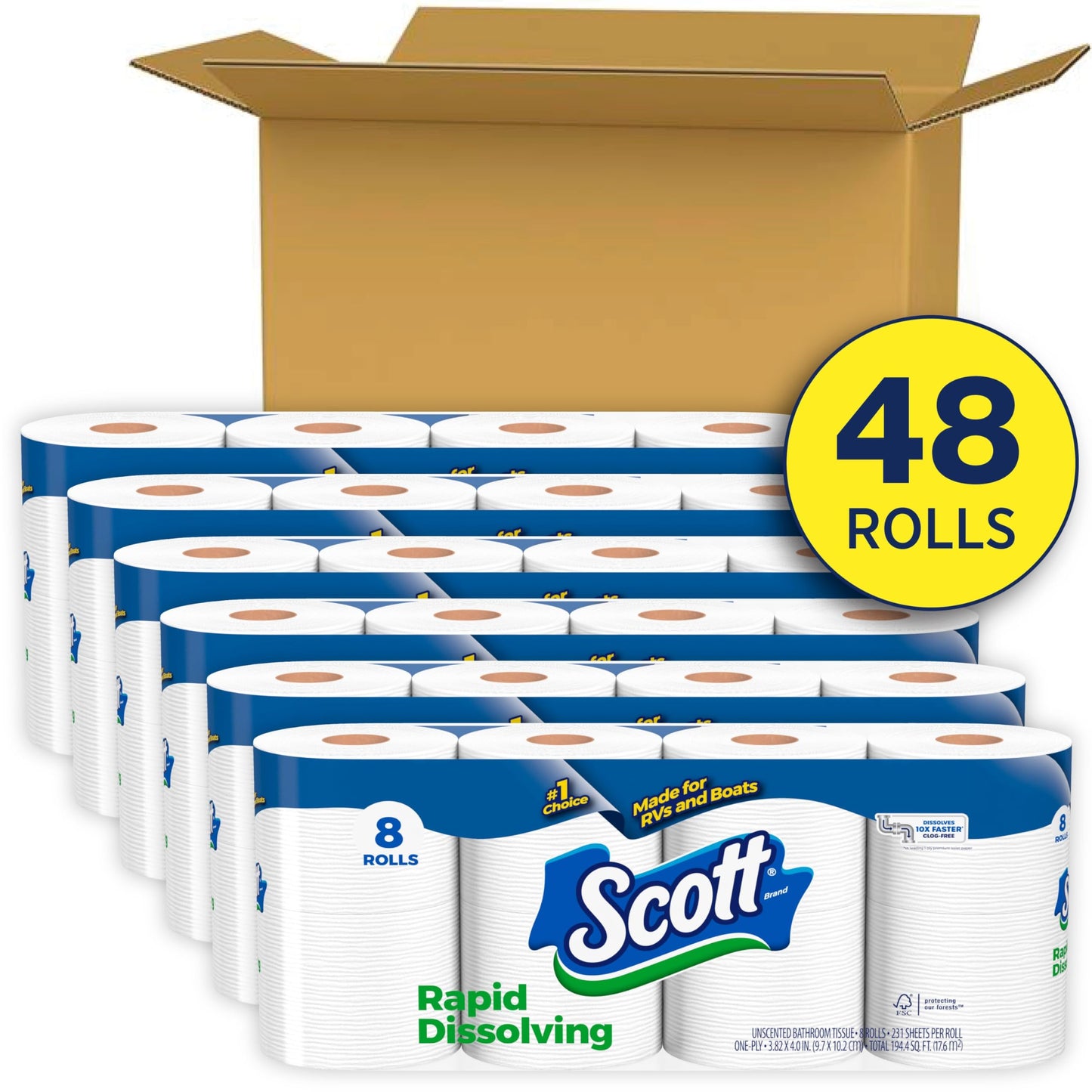 Scott Rapid-Dissolving Toilet Paper, 48 Double Rolls (6 Packs of 8), Septic-Safe, Toilet Paper